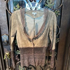 Cache Olive Green Suede jacket with Crochet Details